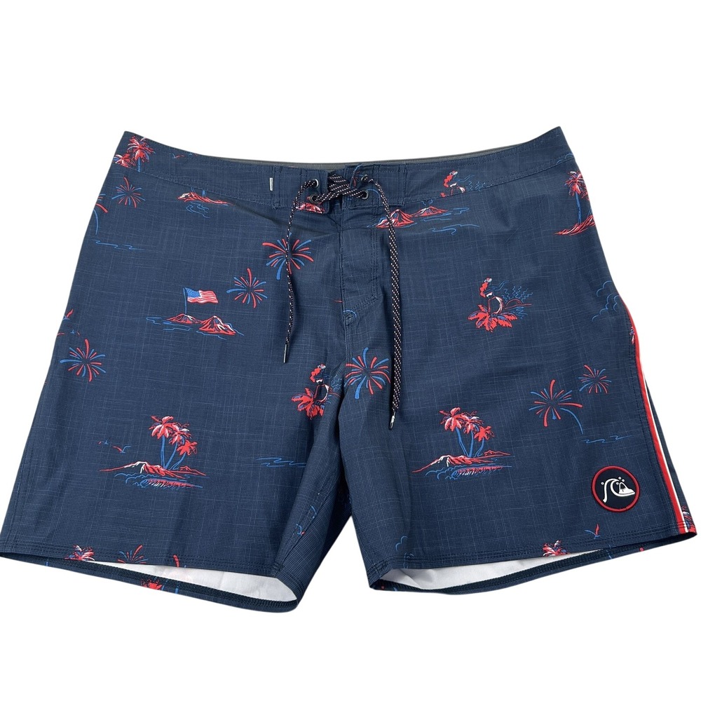 Quiksilver Highline SurfSilk Board Shorts 38 Navy Tropical Palm Men Swim Trunks